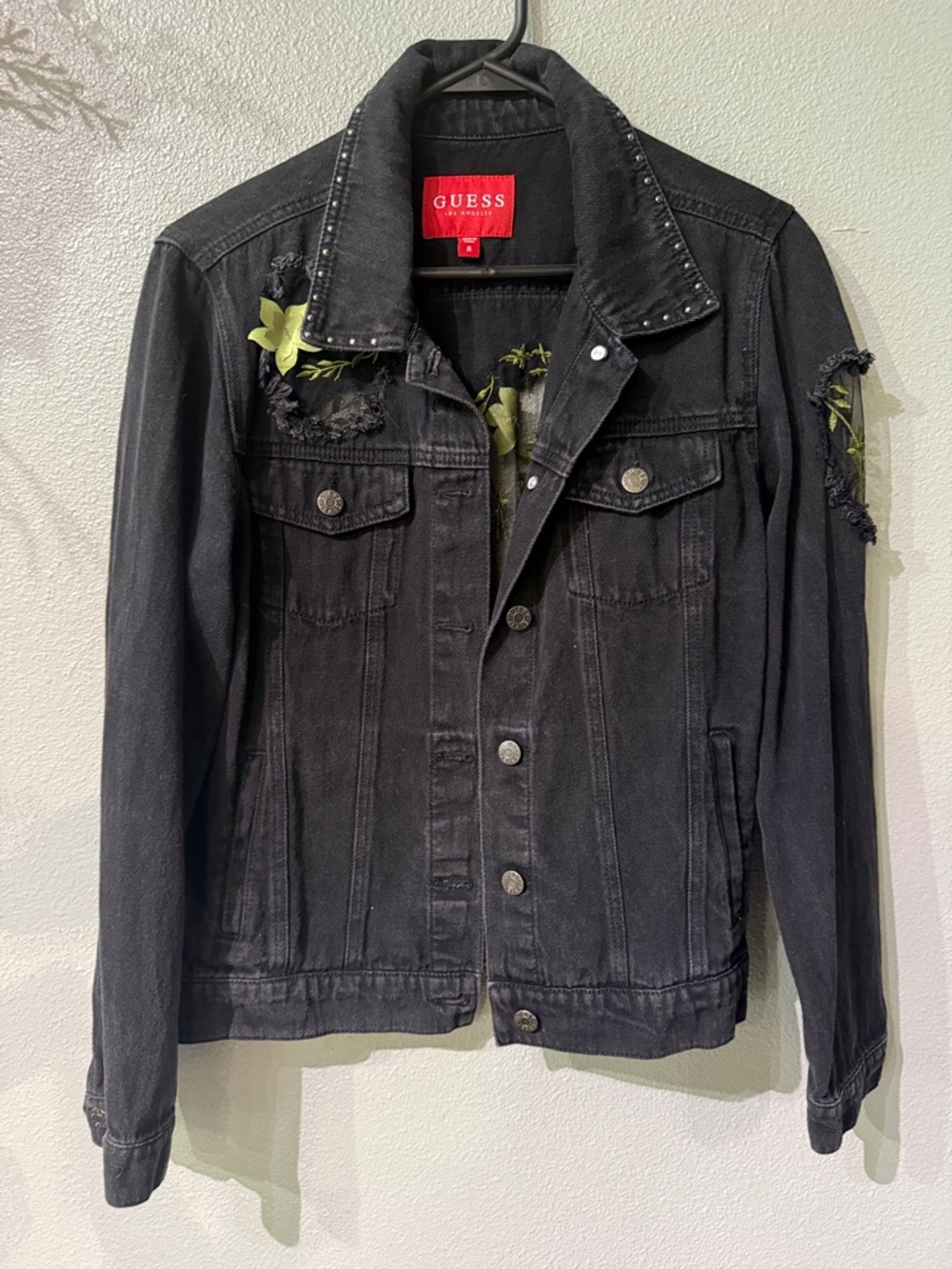 Guess Black Distressed Denim Jacket with Studded Collar